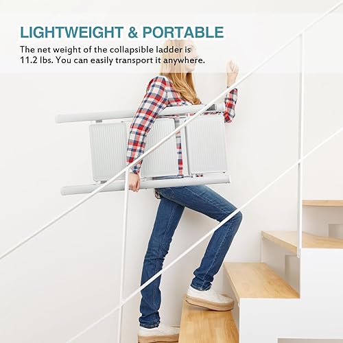 Miniatura 5 de BOCOM Escalera de 3 escalones, ligera, portátil, plegable, plegable, resistente, de acero con pedal ancho antideslizante, capacidad de 330 libras,