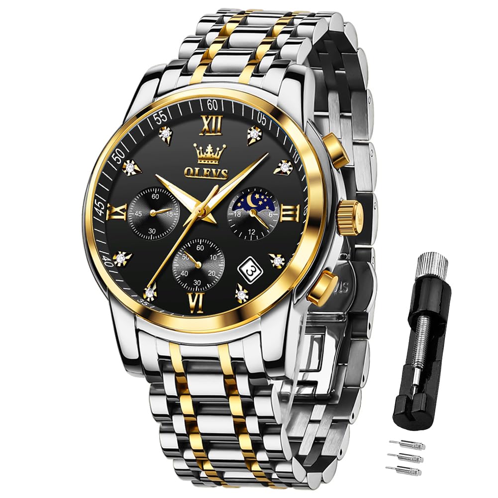 OLEVS Herrenuhren Schwarz Edelstahlarmband Quarz Uhr Männer mit Diamant Datum Wasserdicht Leuchtende Klassische Elegantes Armbanduhr Geschenk