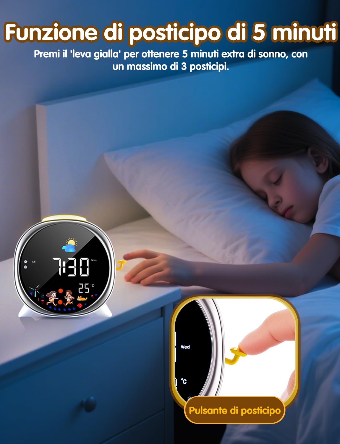 LIORQUE Sveglia Digitale per Bambini, Sveglia Bambini, 5 Suoni, Luce Notturna Regolabile, Display LCD con Modalità Sole e Luna, Doppia Allarme, Alimentazione USB, per Bambini e Bambine