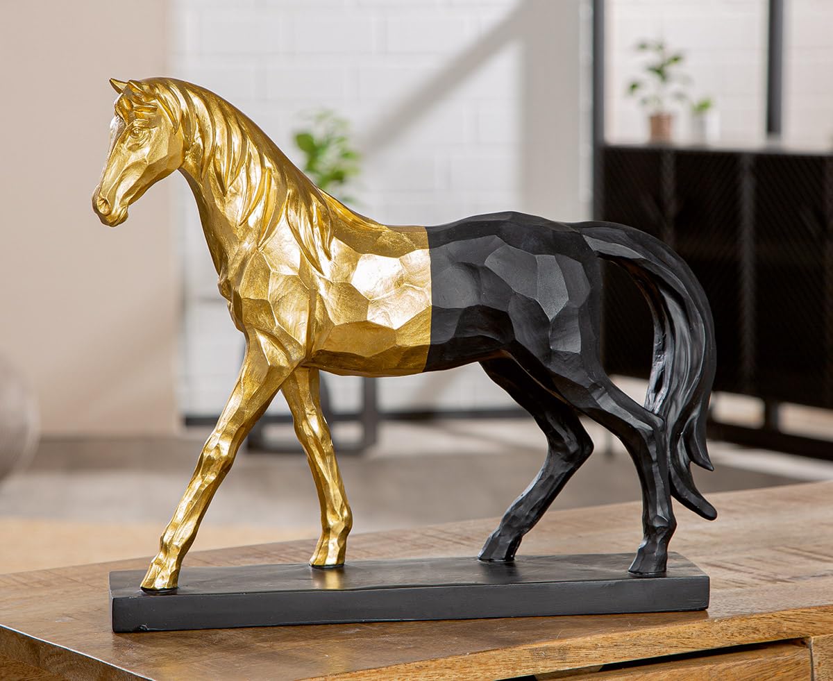 GILDE Metallic Effect Merlin Horse Sculpture in Gold and Black Resin 31cm High x 35cm Wide