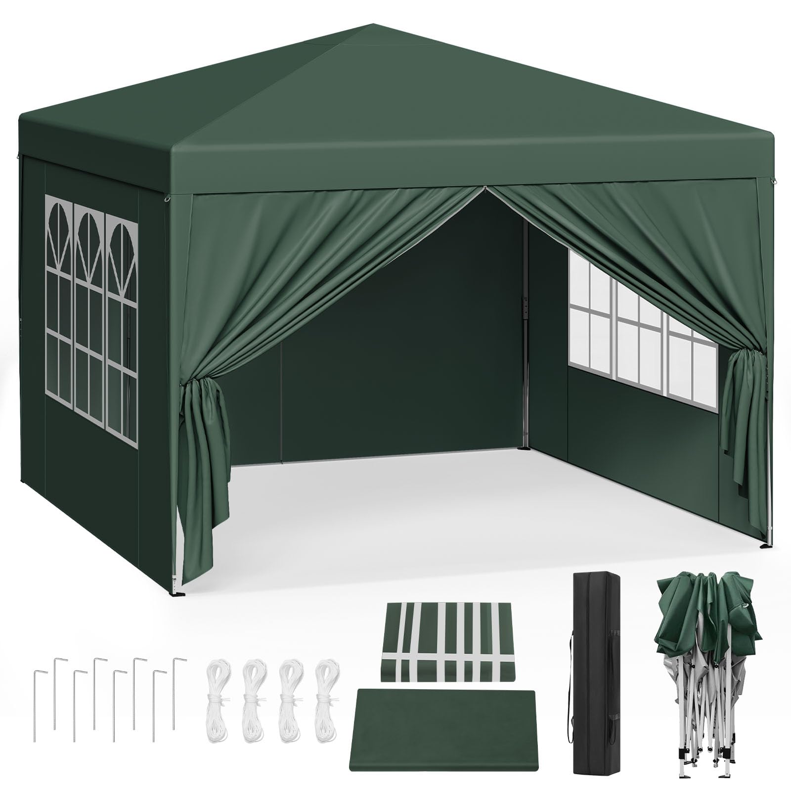 WOLTU Pawilon Pop-up, wodoszczelny, składany pawilon przeciwsłoneczny, ze ścianami bocznymi, pawilon ogrodowy na taras, kemping, festiwal, namiot pagodowy z metalowej ramy Oxford, 3 x 3 m, zielony