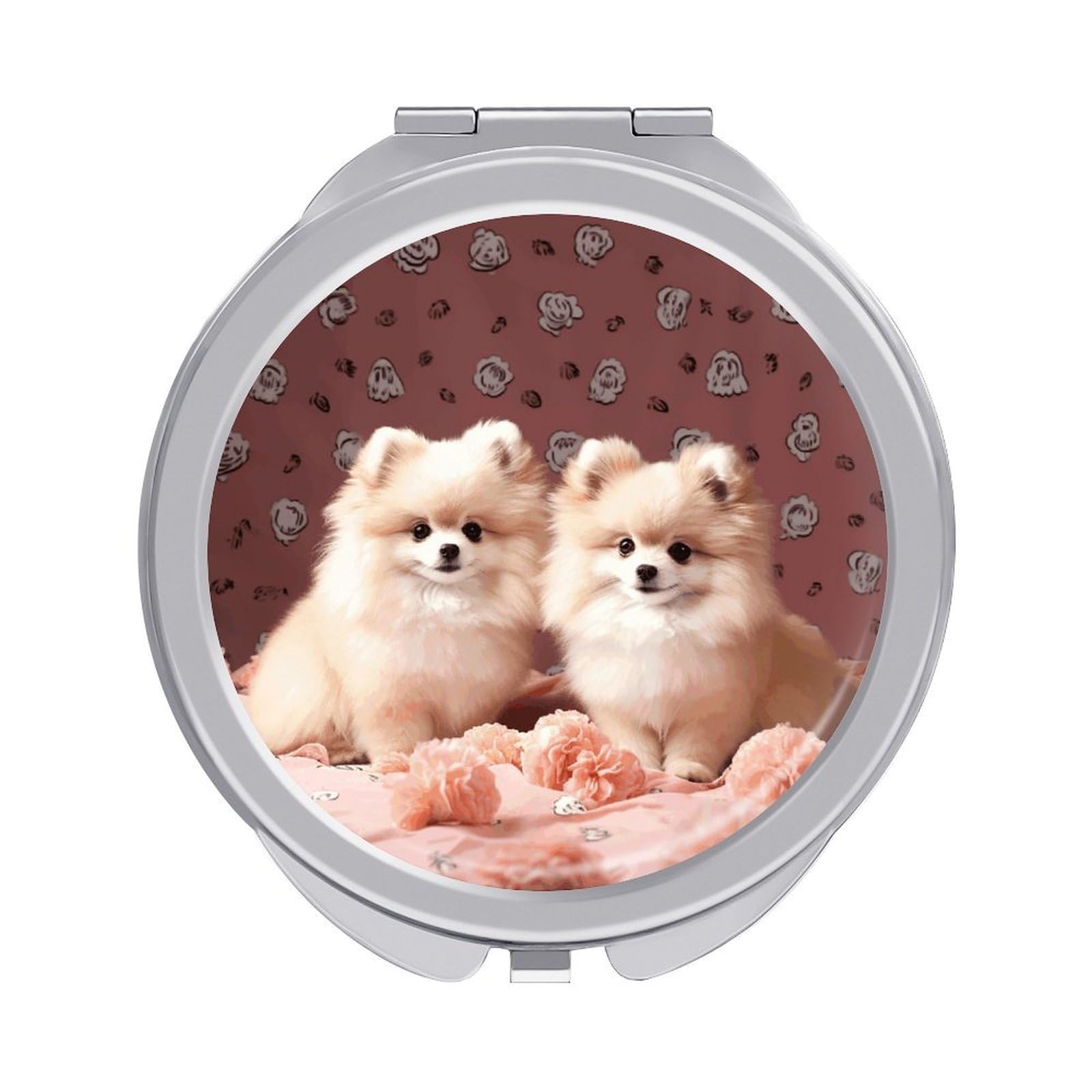Pomeranians Puppies And Point Compact Mirror, Double-Sided Folding Makeup Mirror, Durable Metal Travel Pocket Mirror for Purse, Portable Round Touch-Up Mirror for Table Gifts And Everyday Use