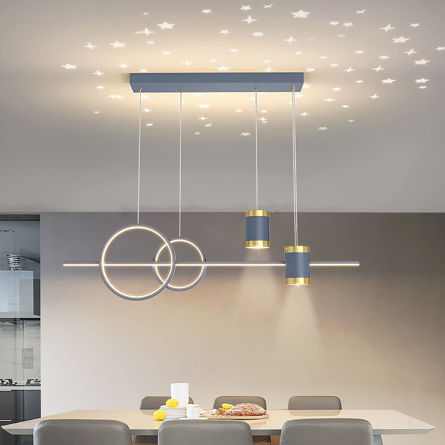 Bellastein Modern LED Pendant Lamp Dining Table, Living Room Ceiling Lamp Chandelier Bedroom Height Adjustable Hanging Lamp Ring Design Hanging Lamp for Kitchen Office Study Pendant Lamp (Grey)