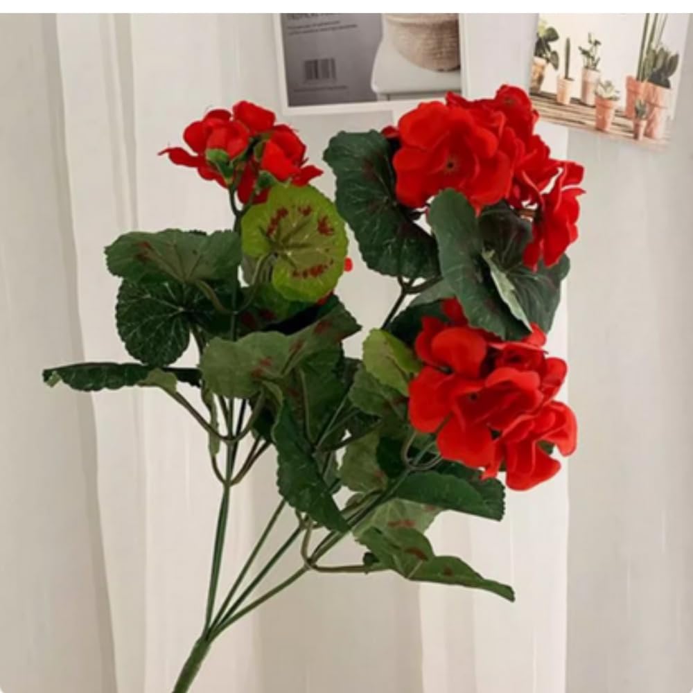 Fleurs de géranium artificielles sans entretien, lot de 2 bouquets rouges en soie