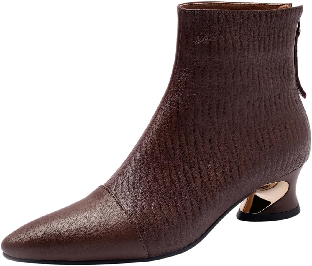 TinaCus Women's Pointed Toe Handmade Back Zipper Low Chunky Heels Genuine Leather Ankle Boots