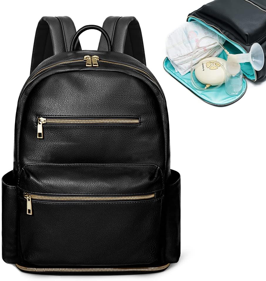 MOMINSIDESmall Diaper Bag Backpack, 13 Pockets Leather Mini Baby Bag Backpack, Breast Pump Bag, 13 Inch Laptop Sleeve, 2 Insulated Pockets, Bottom Compartment(Black)