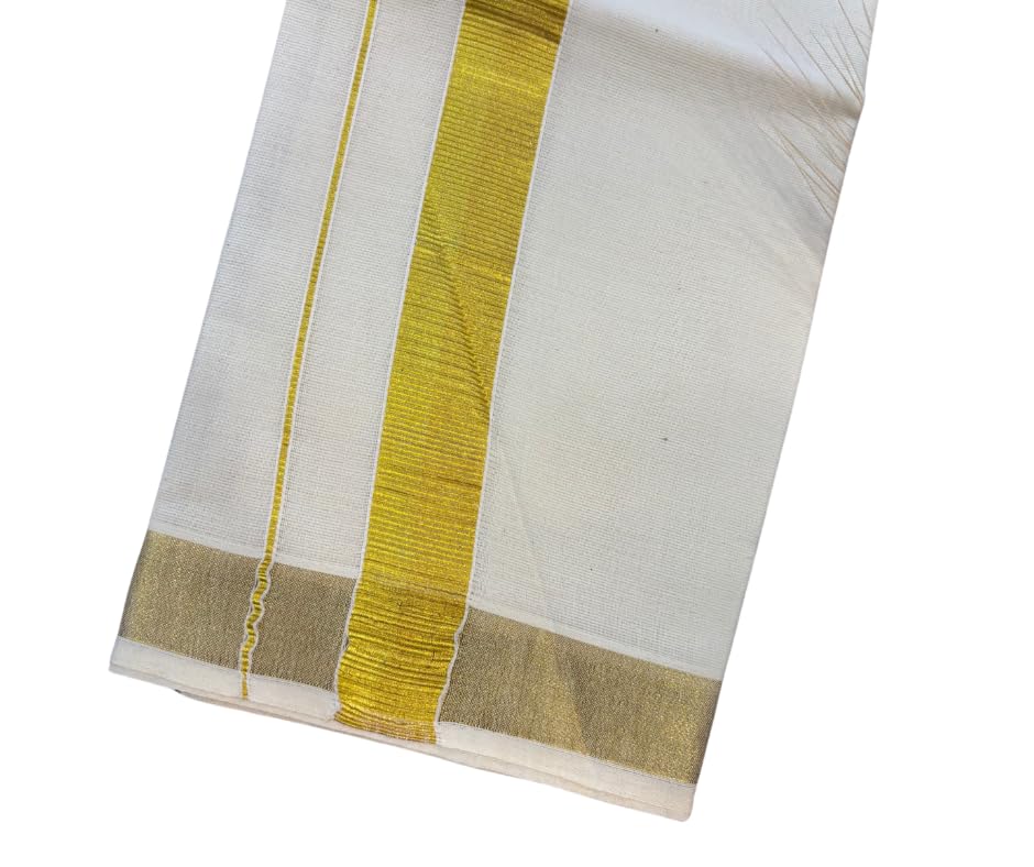 Traditional Kerala Cotton Dhoti/Mund with Gold Border, White and Gold, Rice Ceremony, Vishu, Onam2