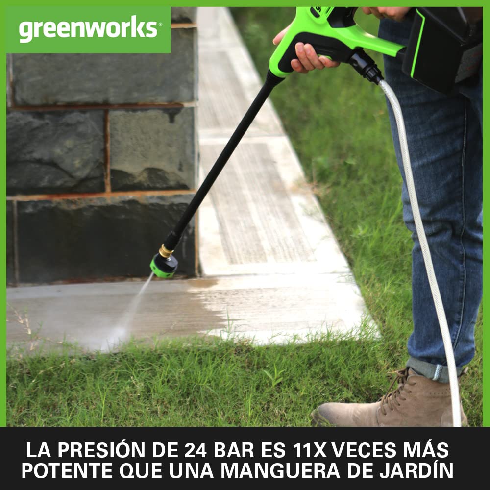 Greenworks Hidrolimpiadora a batería G24PWK4 (Motor Iones de Litio de 24V y 300 W Potencia, presión 24 Bar y caudal 180 l/h, Boquilla 5 Pliegues y Manguera 6 m Incluye batería de 4 Ah y Cargador)