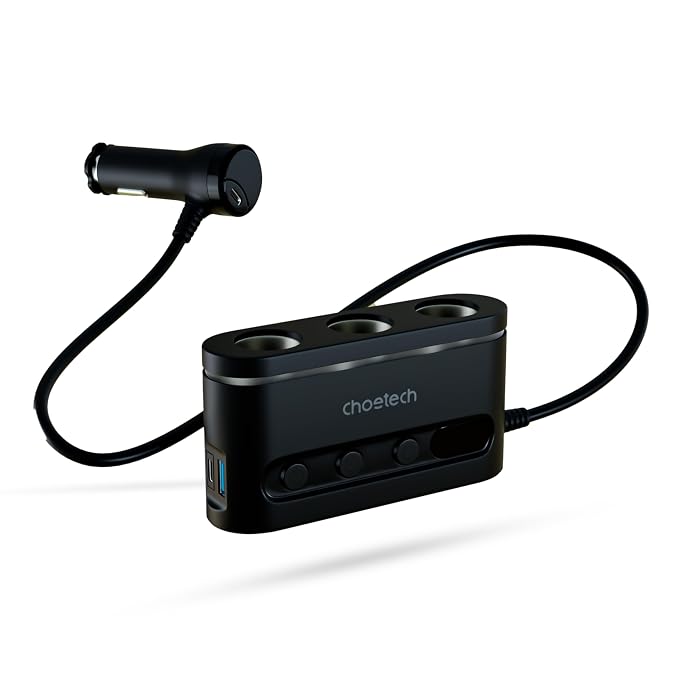 Choe-Tech Pd Total 210W Mobile Car Charger Splitter with 3 Port,12V/24V,Fast Charging Adapter for All Smartphone Devices,Led Display,Tc0021,Black
