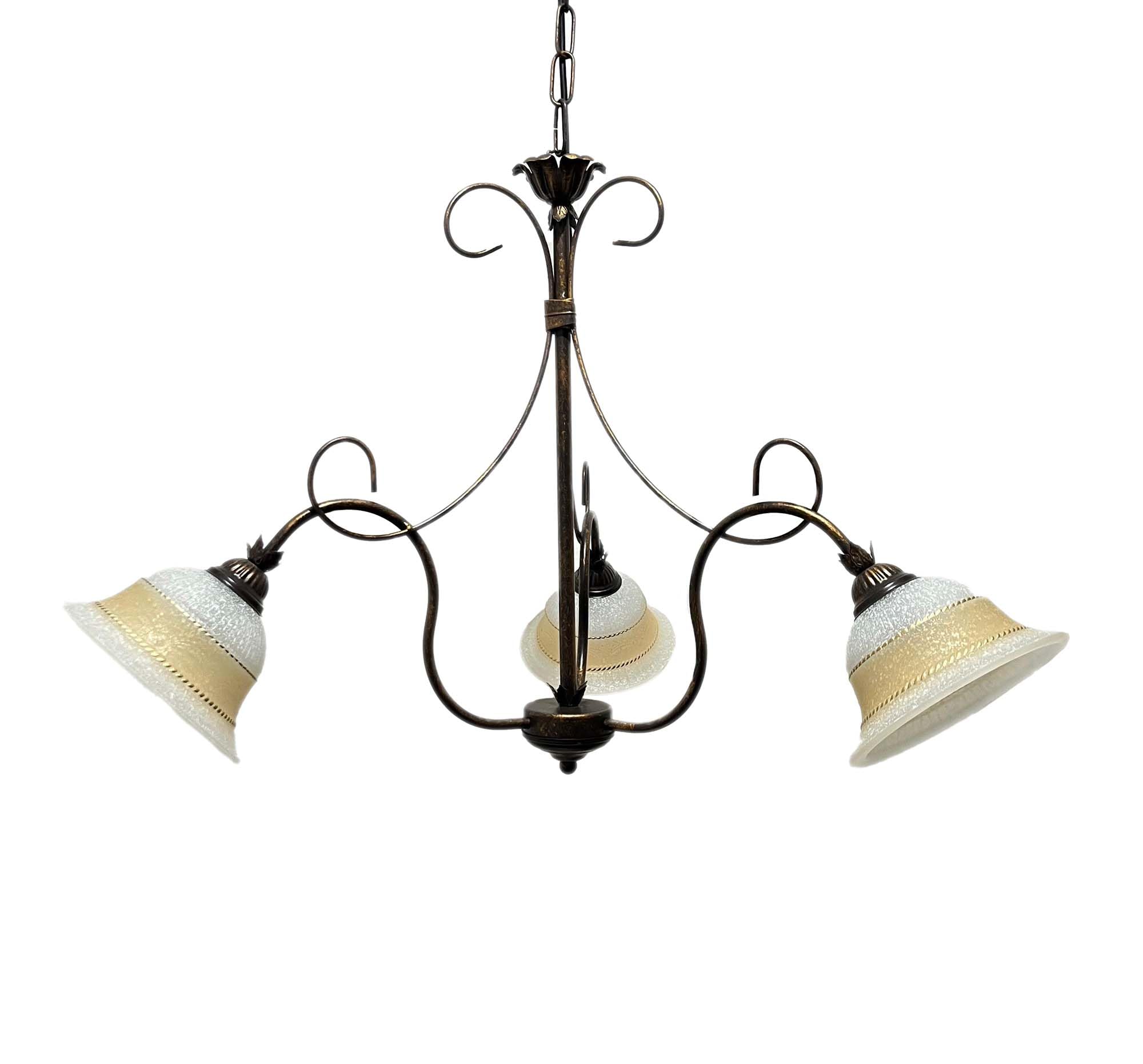 Lampadario classico in ferro battuto a 3 luci Collezione Regina, soggiorno, sala da pranzo, ingresso, corridoio, camera da letto, bagno, vetro oro e ambra