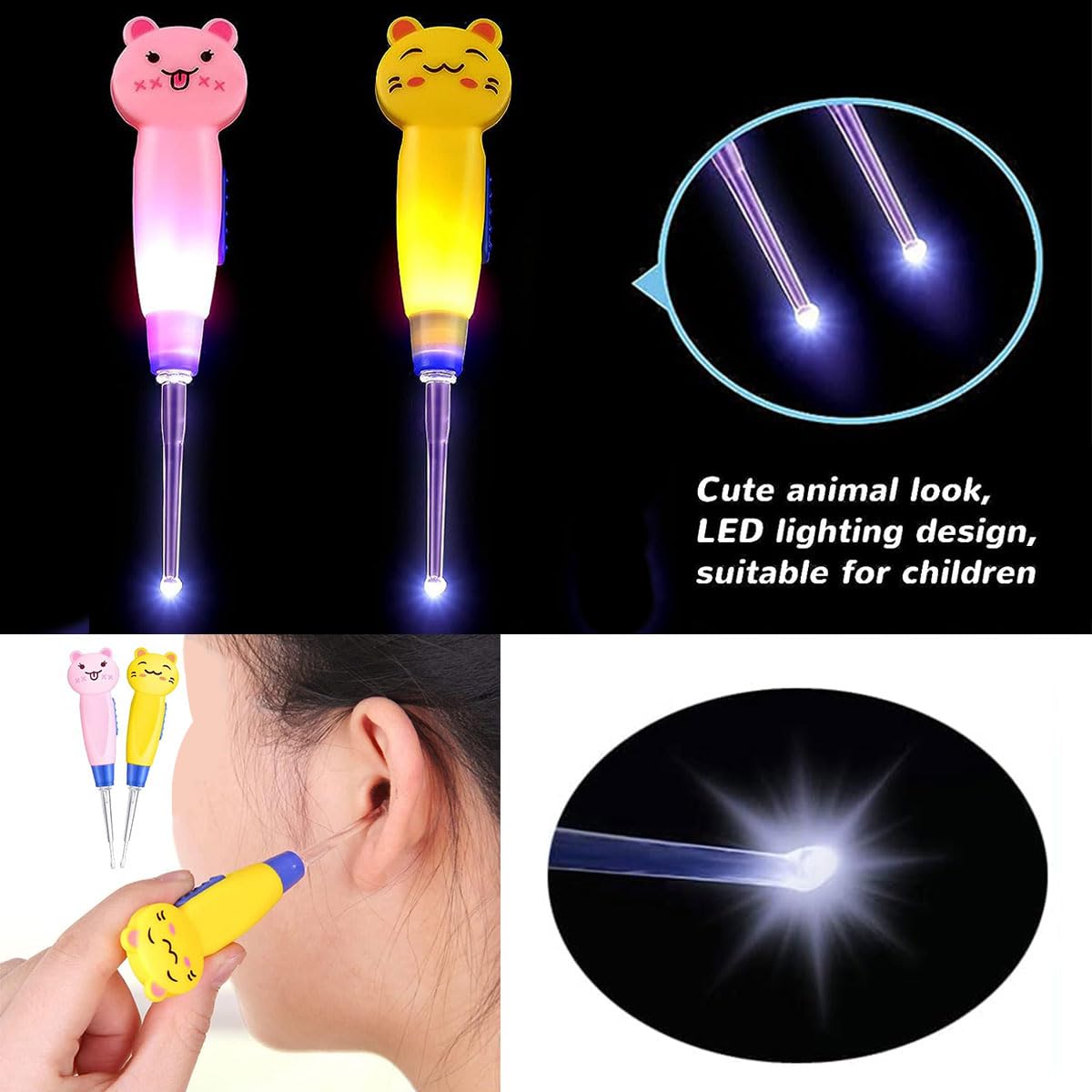 Cuillère de Nettoyant Oreille Lumineux, Ear Curette LED, Curette Oreille Enfant, Cuillère de Nettoyage de Nettoyage avec Lumière Cuillère Creuser Outil de Soins de L'oreille pour Enfant Adulte