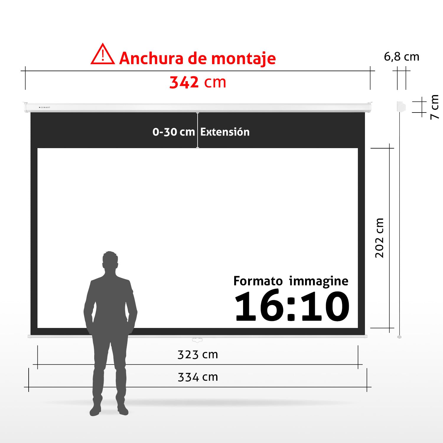ESMART Professional MIROLO Pantalla Manual, Ancho Tot. 342 cm, Tela: Blanca | Área de proyección 323 × 202 cm, formato 16:10, tela blanca para cine en casa y presentaciones, manual con freno de retorno