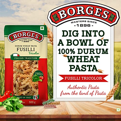Image of Borges Tricolour Fusilli Pasta - 500 gm | Imported from Italy | Include Real Tomatoes & Spinach | No added colour (Pack of 3)