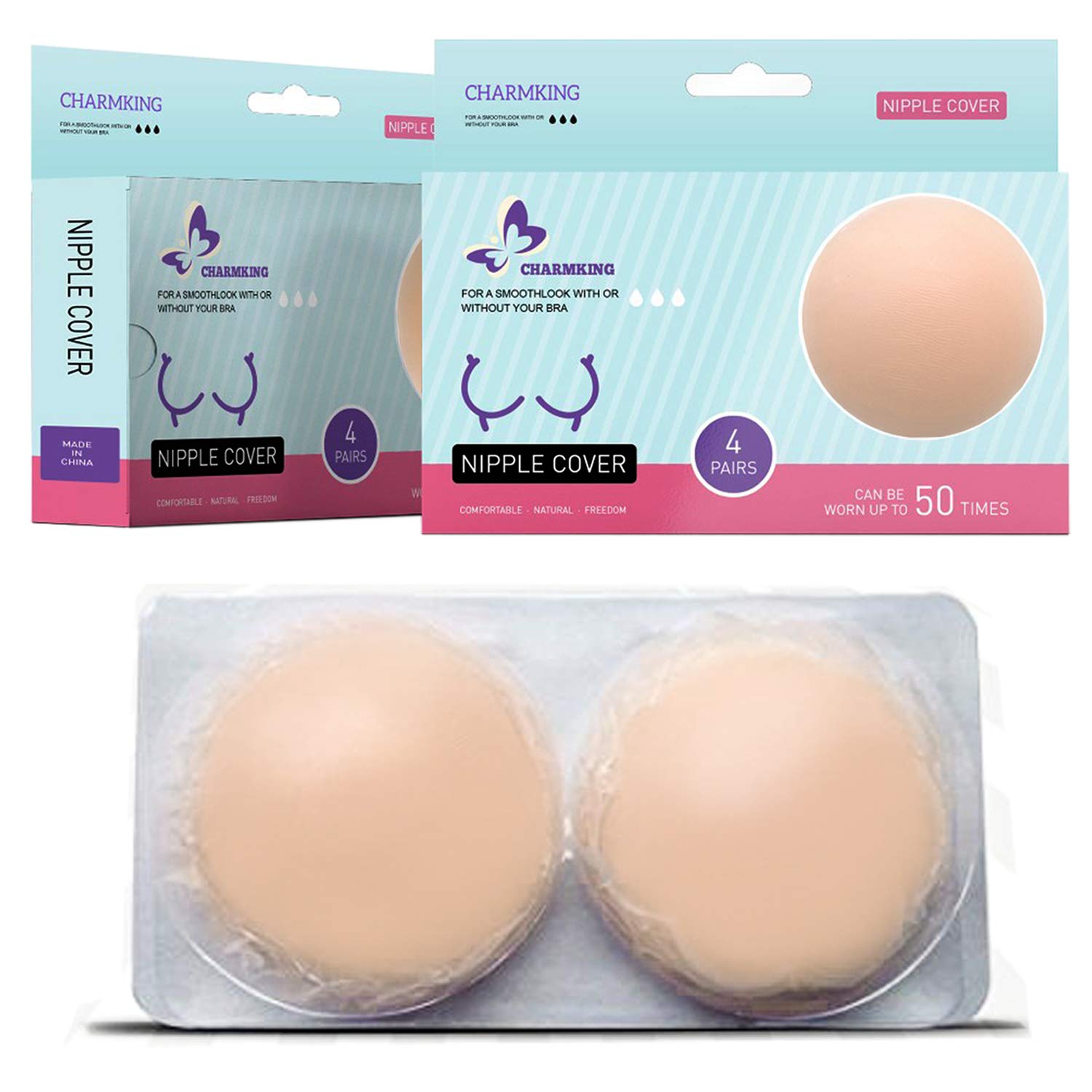 CHARMKING Pasties - 8 pares de fundas adhesivas reutilizables para pezones para mujer, invisibles, redondas, de silicona, color beige, Beige, S