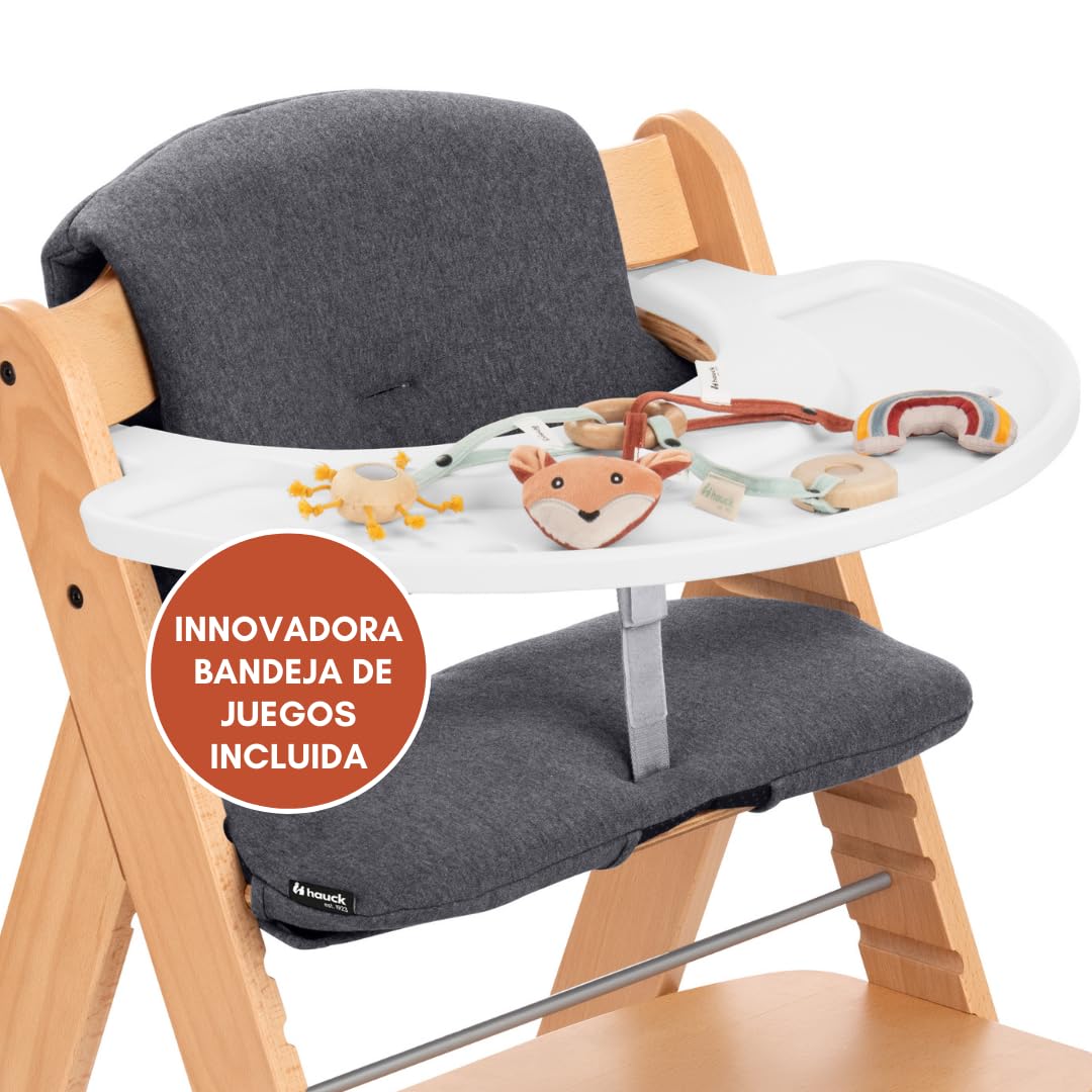 hauck Set de Silla de Madera para Niños Alpha Plus, Bandeja de Juego Play Tray, Juguete para la Trona y Cojín de 2 Piezas, Tronas de Bebe Evolutiva desde 6 Meses - Natural