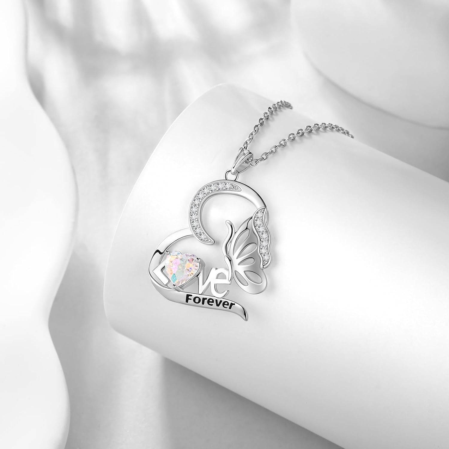 Aurora Tears Birthstone Love Heart Butterfly Pendant Necklace - 925 Sterling Silver Firework-Cut Cubic Zirconia Love Forever Necklace Anniversary Birthday Jewelry Gift for Women Wife Mom Daughter - Image 3