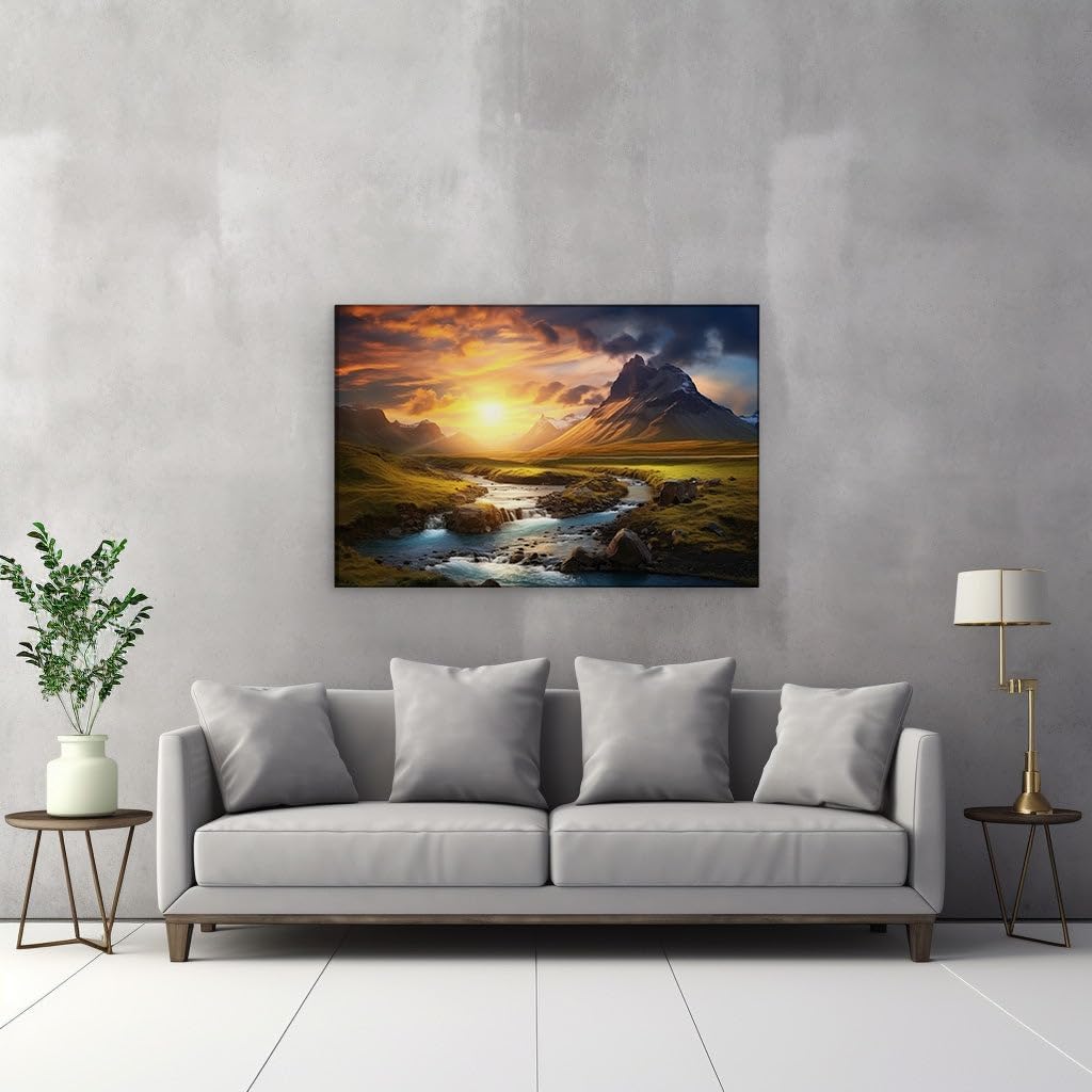 Canvas for Living room. Riverside Serenity: Nature's Vibrant Palette Unveiled by Sunset Warmth, 27 x 18 inch Canvas Wall Art - Contemporary Masterpieces - Modern Home Decor - 69x46 cm (27x18 inch)