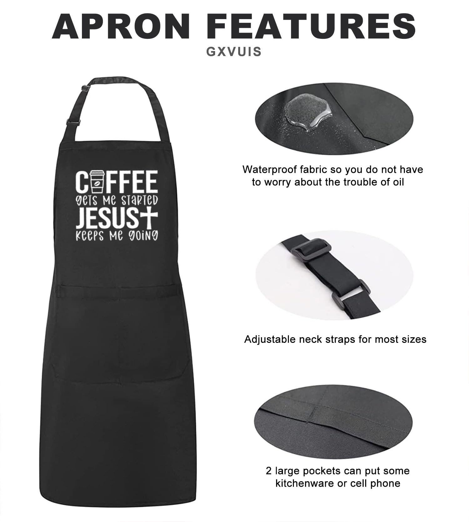 Coffee Gets Me Started Jesus Keeps Me Going - Delantal para mujer con 2 bolsillos, impermeable, ajustable, regalo cristiano, Negro -, regular