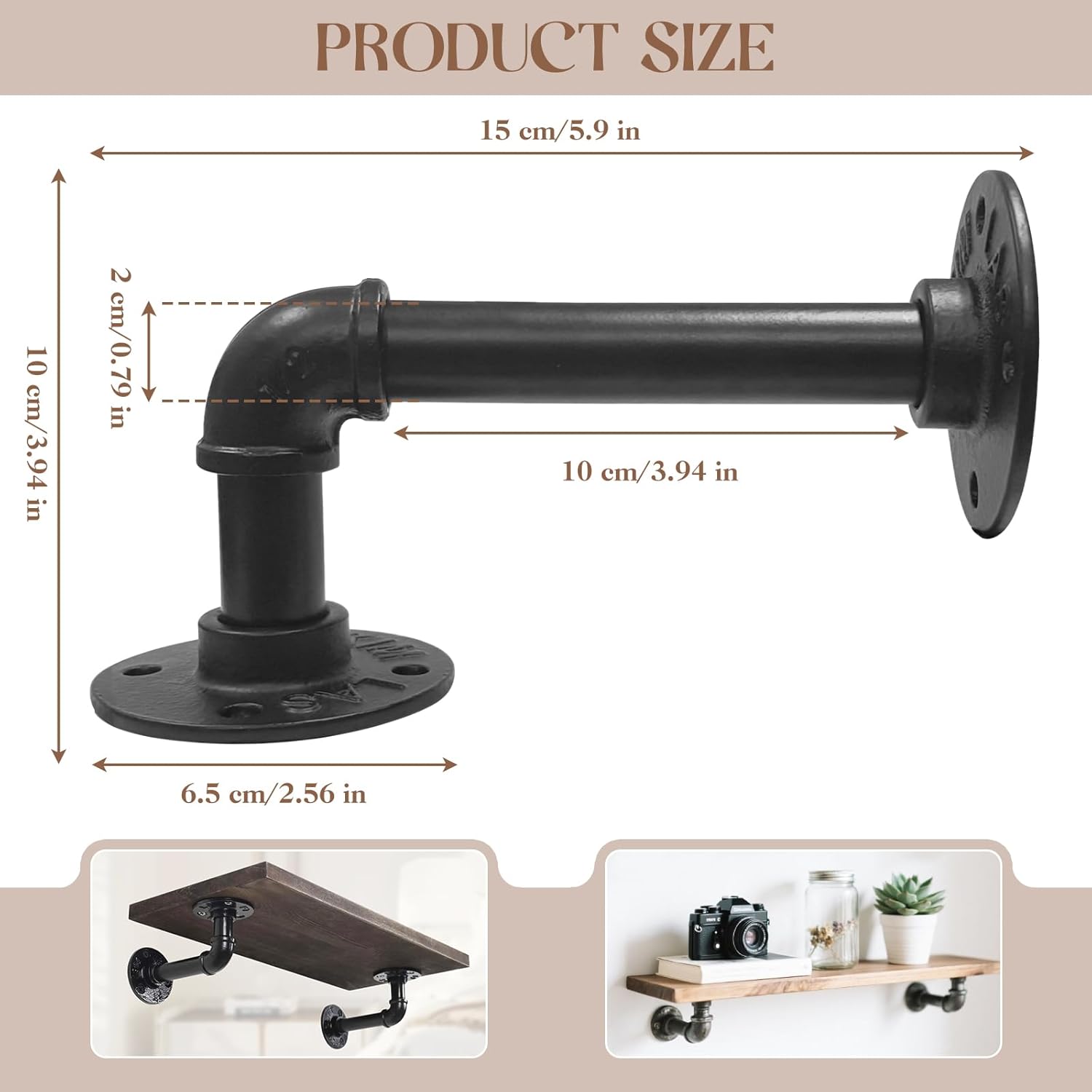 4 Pack Pipe Shelf Bracket, Black L Custom Pipe Floating Shelf Bracket, Wall Mount Shelf Brackets for Vintage DIY, Bathroom, Vintage Style Clothes Hook Hanger