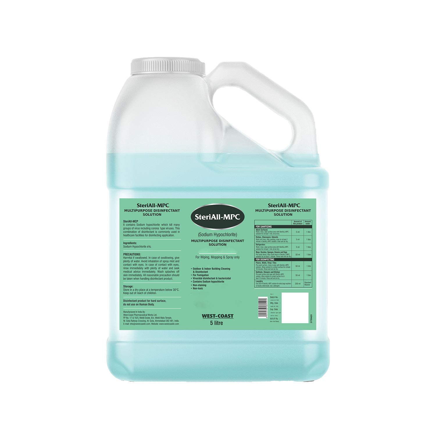 West CoastSteriall-MPC Sodium Hypochlorite Liquid Multipurpose Disinfectant Solution for Wiping, Mopping & Spray Only - 5 L - Refill Pack + 1 Spray PUMP FREE