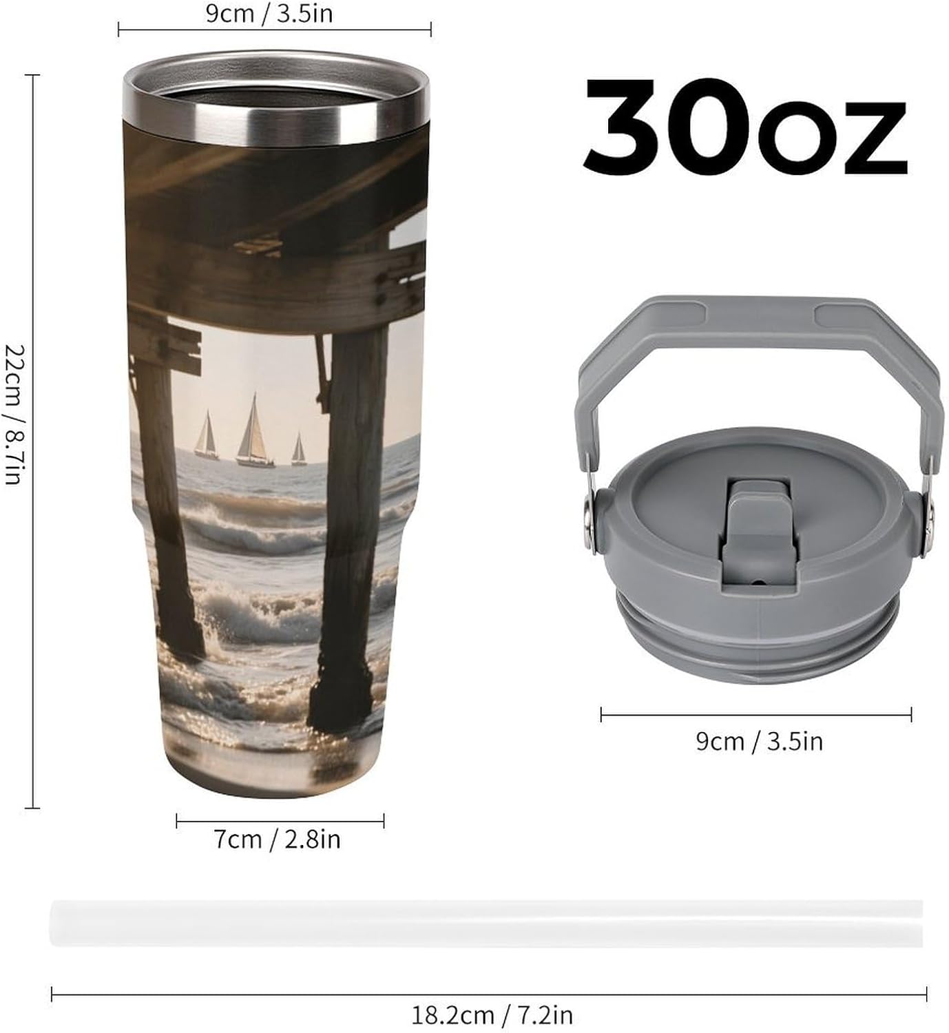 30 Oz Insulated Mug with Handle Lid And Straw Afternoon at The Beach Pattern Large Metal Sports Bottle Great for Gifts Parties Office Coffee