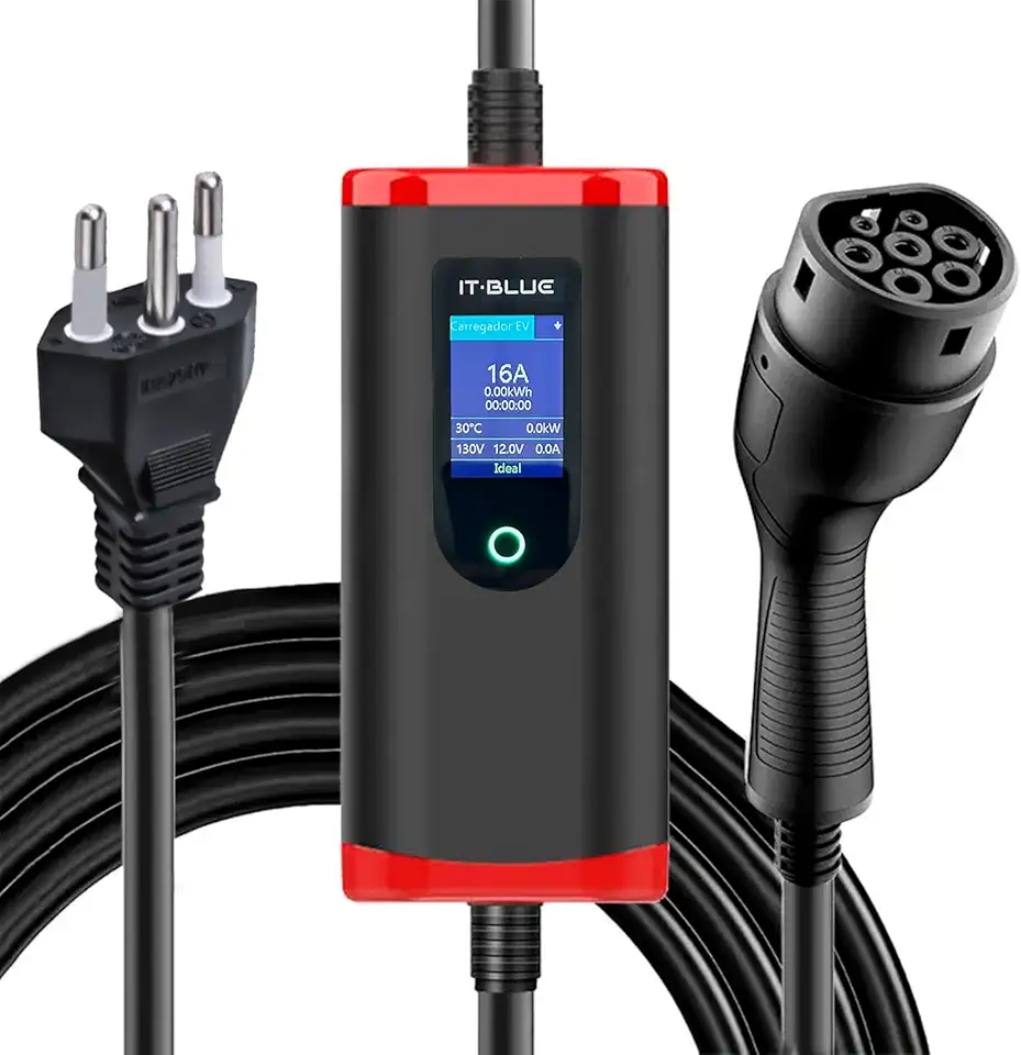 Carregador Para Carros Elétricos Portátil Inteligente Tipo 2 Bivolt 3,5kW Com Tela LED, Cabo 5m Com Ajuste de Corrente e Proteção IP65 – Compatível BYD, GWM, Nissan e Mais