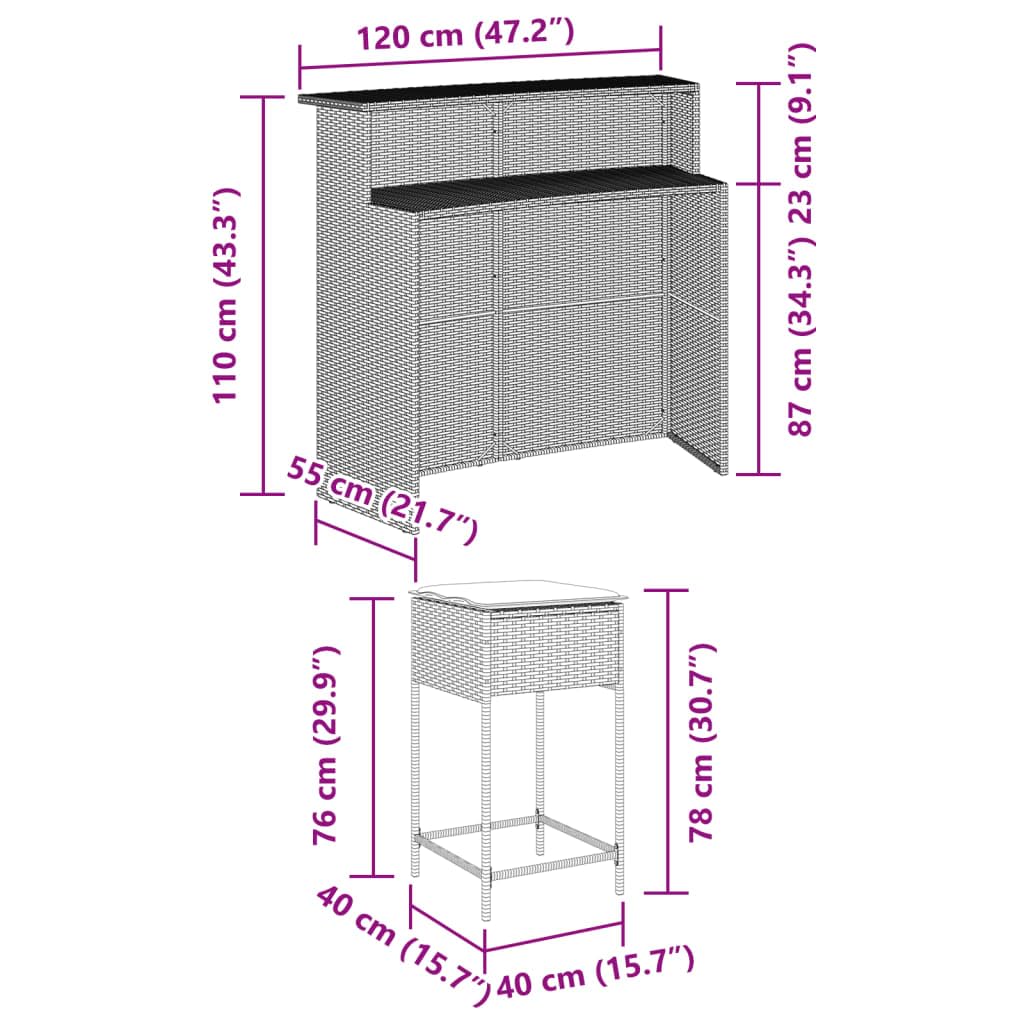 Set Bar da Giardino 3 pz con Cuscini in Polyrattan Marrone, Tavolo con Sedie, Tavolo Giardino con Sedie, Bancone Bar da Casa, Tavolo Bar con Sgabelli
