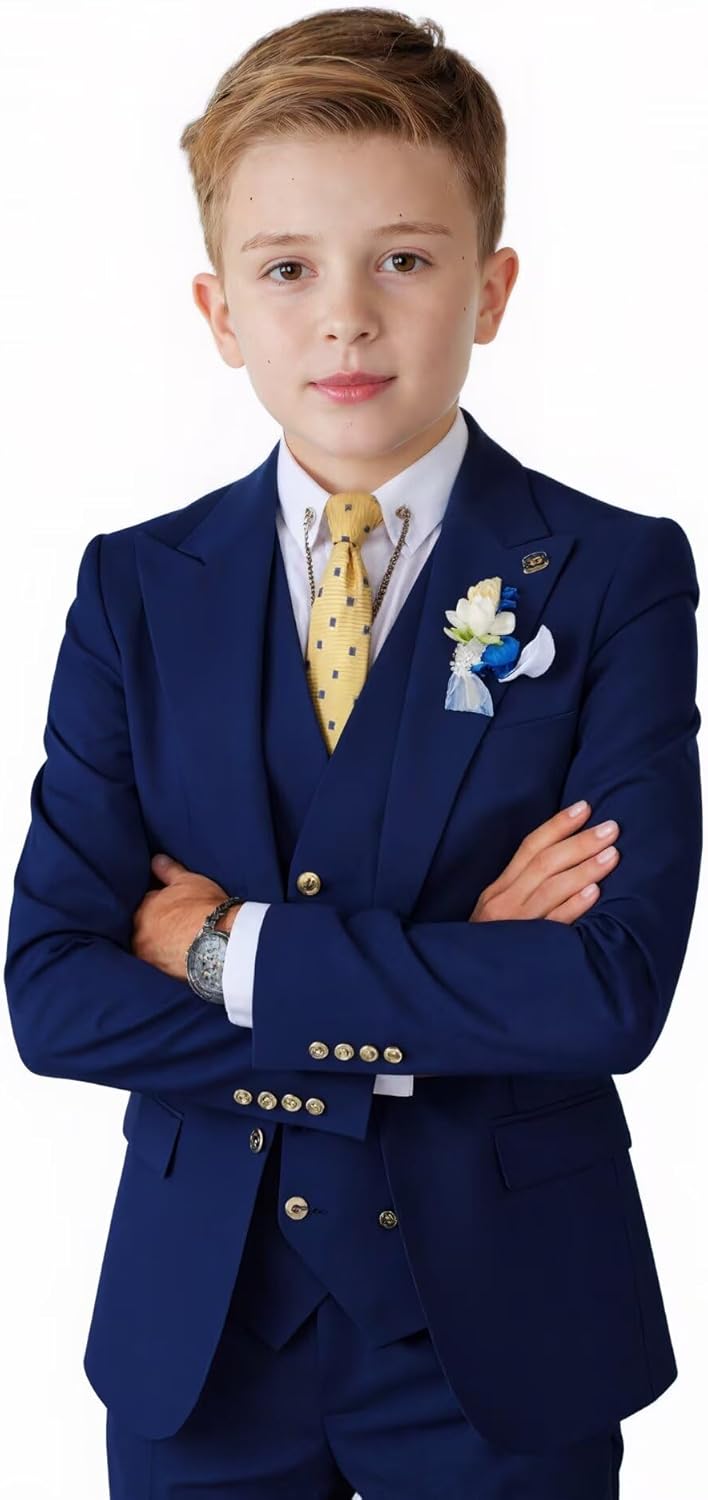 Boys Suit Formal Tuxedo Suits for Boy Toddler Ring Bearer Outfit 4 PCS Peak Lapels Blazer Vest Pants Tie Set for Prom