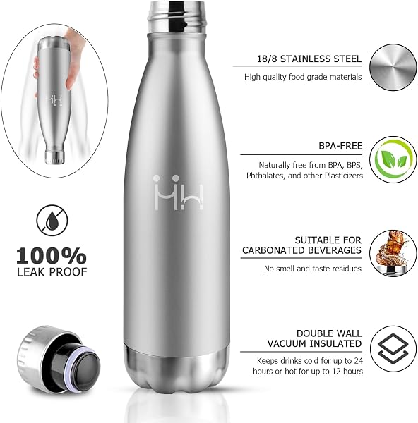 Gourde Isotherme 500ml, Bouteille Métal Sans BPA Étanche, Inox Réutilisable Double Paroi, pour Sport, École, Bureau, Gym, Yoga, Camping, Randonnée - 2