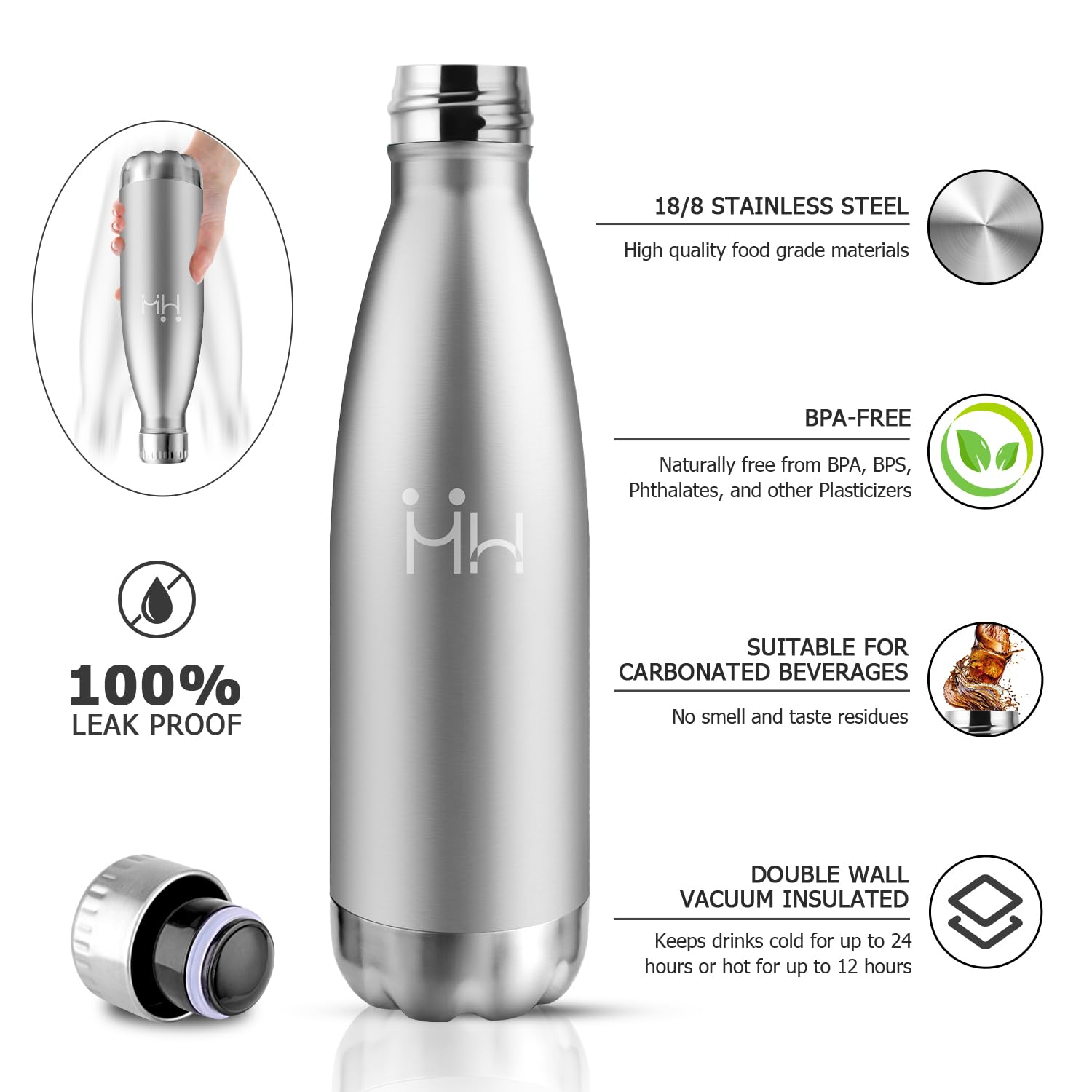 Gourde Isotherme 500ml, Bouteille Métal Sans BPA Étanche, Inox Réutilisable Double Paroi, pour Sport, École, Bureau, Gym, Yoga, Camping, Randonnée - 3