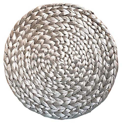 Olimpico Round Rattan Water Hyacinth Braided Placemats 13inch - Set of 4 for Dining Table, Indoor Outdoor Parties - Woven Placemats with Natural Material Handmade, Heat-Resistant and Non-Slip (Silver)