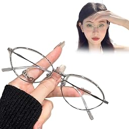 [KASELIN] ブルーライトカット めがね フチなし 度なし 伊達メガネ 眼鏡 楕円 小さめ 猫の目 シルバーフレーム 眼鏡 PC用青色光防止メガネ ヴィンテージ スマホ用 男女兼用