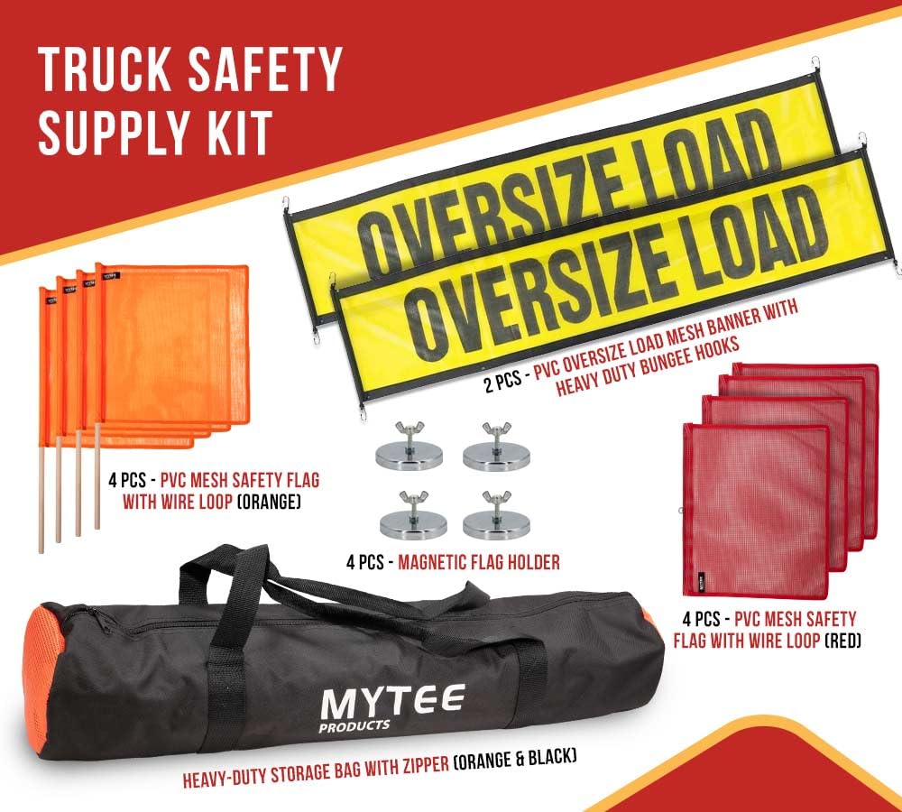 Mytee Products 15 Pcs Magnetic Oversize Load Sign Kit - 2 Mesh Oversized Load Banner, 8 Pcs Mesh Warning Flag w/Wood Dowel & Wire Loop, 1 Bag & 4 Magnetic Flag Holder for Construction, Pedestrian Sign — Amazon image 2