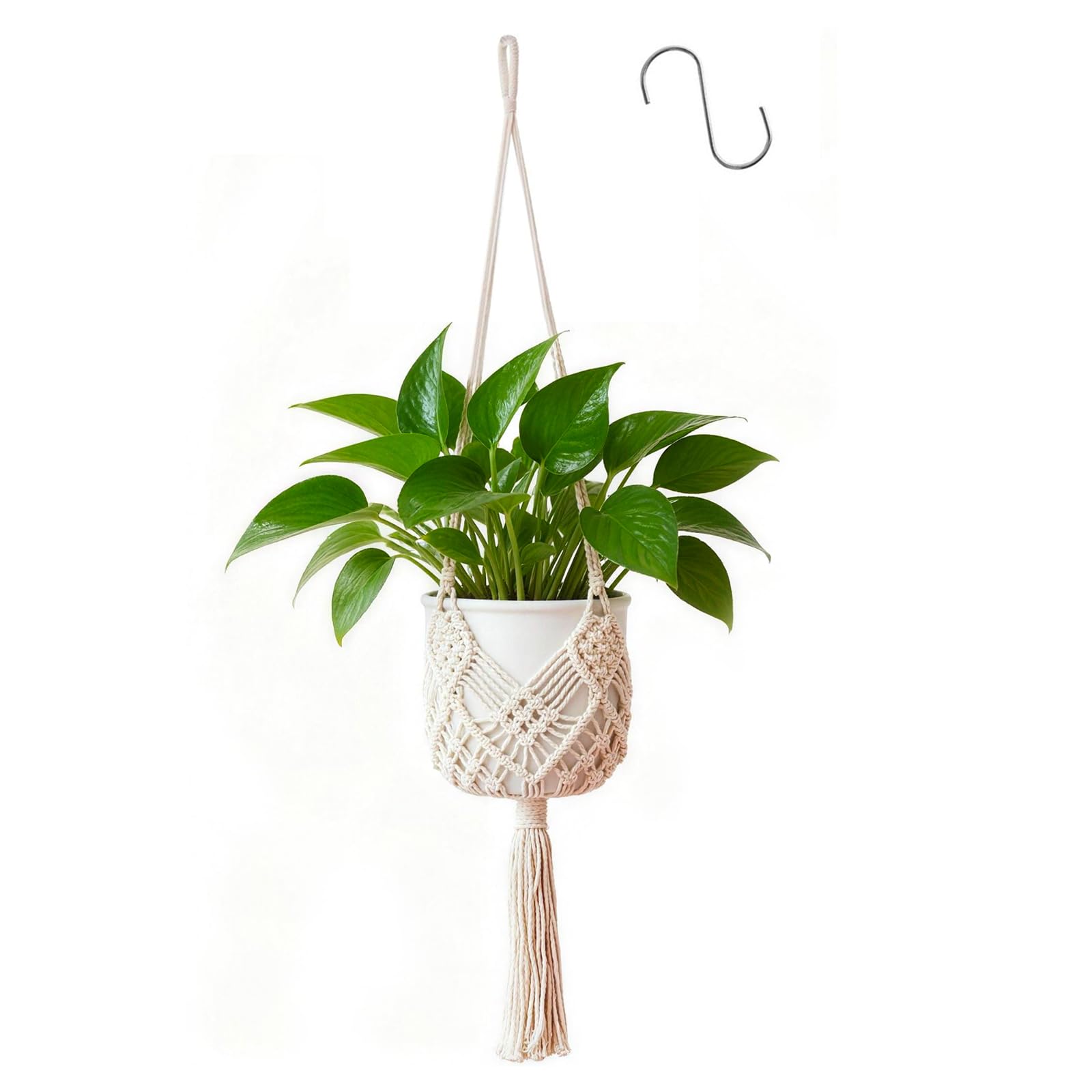 Apstaqeoo Macrame Plant Hanger Hanging Plant Holder Indoor Cotton Rope Hanging Planter Basket Ceiling Wall Decorative Flower Pot Holder With S Hook for Outdoor Boho Garden Home Decor 90CM, Ivory, 1PC