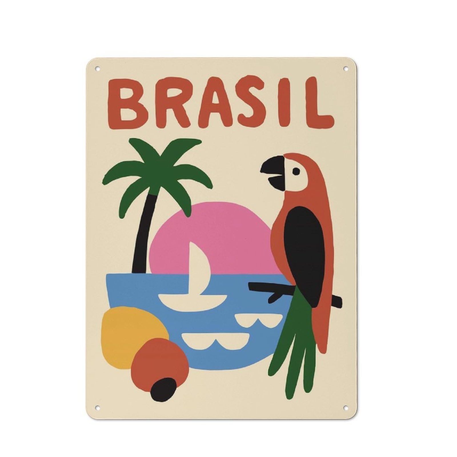 Junmoney Style-15 For Living Room Or Hallway, Brasil Illustration With Parrot And Beach Vintage Metal Sign 40X30cm, For Metal Sign Collectors, For Garage And Workshop Walls