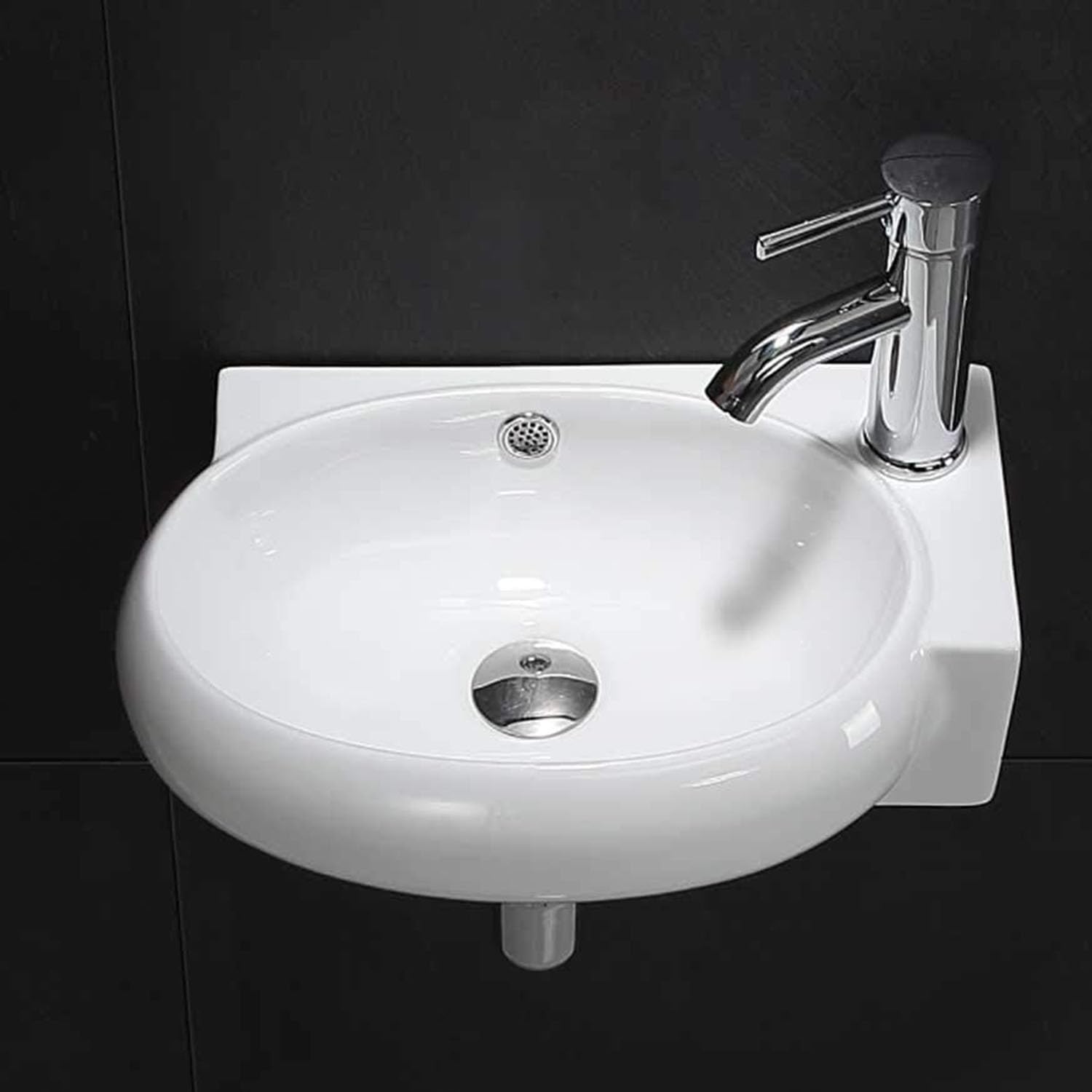 Fregadero de cerámica compacto montado en la pared con escurridor y agujeros para grifo, ideal para baños pequeños y lavaderos, diseño que ahorra espacio, accesorio de baño moderno, fácil instalación
