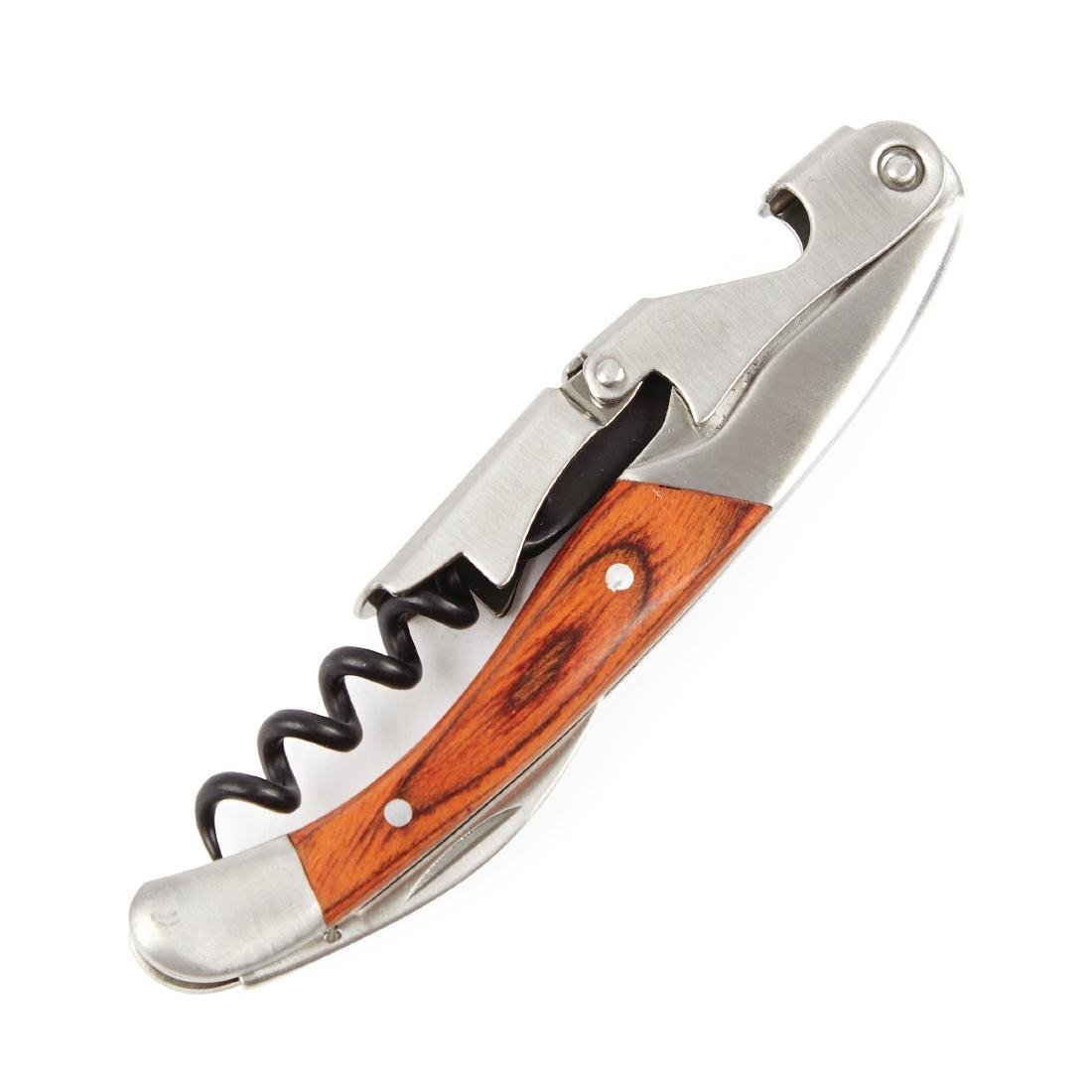 Professional Waiter's Knife Corkscrew Wine Bottle Opener Foil Cutter Double Leaver Varnished Wood