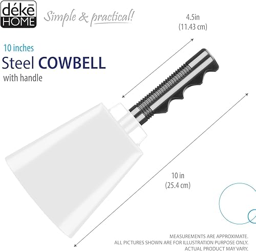 Miniatura 5 de Deke Home - Paquete de 2 cencerros de acero de 10 pulgadas con asa, fabricantes de ruido fuerte para fútbol, deportes, eventos, fiestas y seguridad,