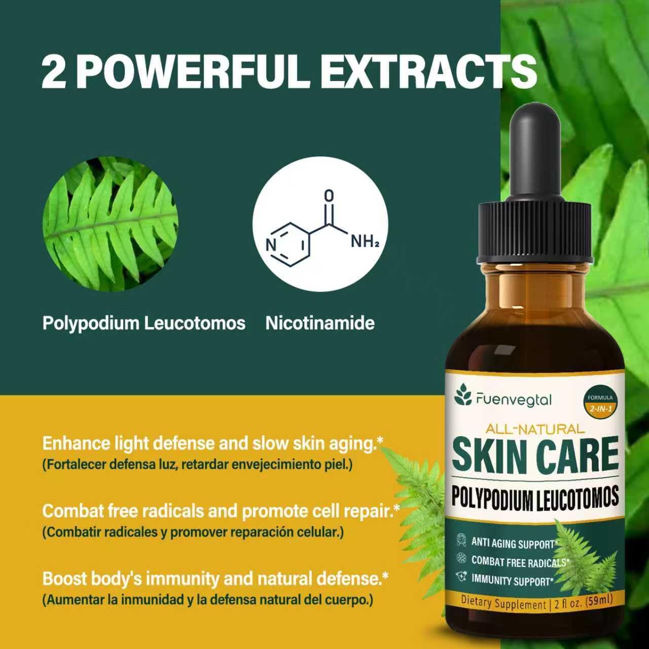 Polypodium Leucotomos Extract Skin Care Drops with Nicotinamide - Liquid Supplement Supports Anti-Aging, Combats Free Radicals, and Promotes Skin Health & Immunity. 2oz