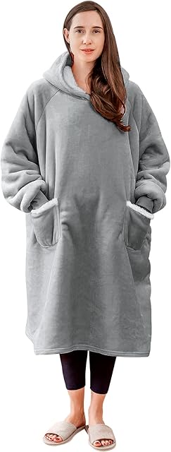 Aisbo Wearable Blanket Hoodie Oversized - Extra Warm Sherpa Fleece Hooded Blanket Thick for Adult Mens, Grey Fluffy Snuggle Blanket Hoody Sweatshirt Women Gift for her