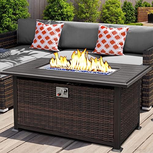 NOBLEMOOD 48 Inch Outdoor Propane Fire Pits for Outside, 50000 BTU Patio Gas Fire Pit Table with 304 Stainless Steel H Shaped Burner, Glass Beads and Waterproof Cover (Brown)