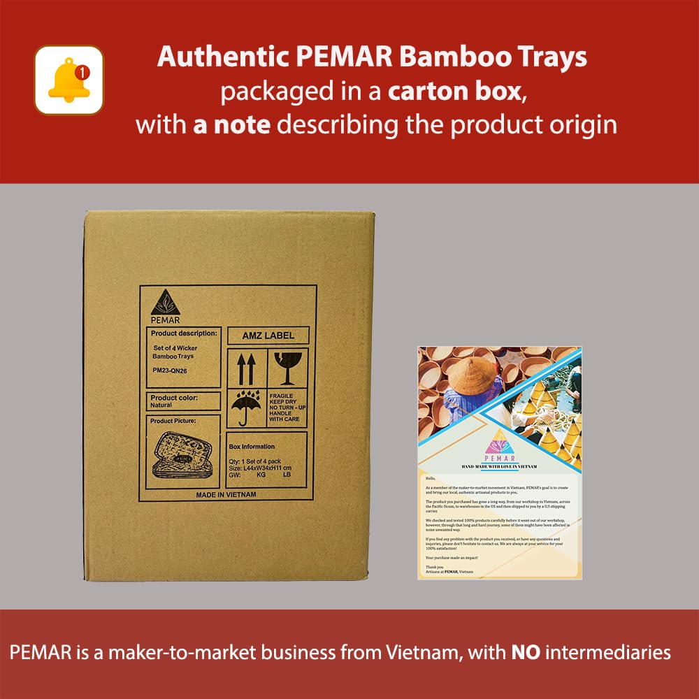 PEMAR Bandejas grandes de bambú para servir con asas, bandeja rectangular tejida a mano, bandeja de bambú para dormitorio, bandeja de cabina. Bandeja decorativa para mesas de café, desayuno, cena,