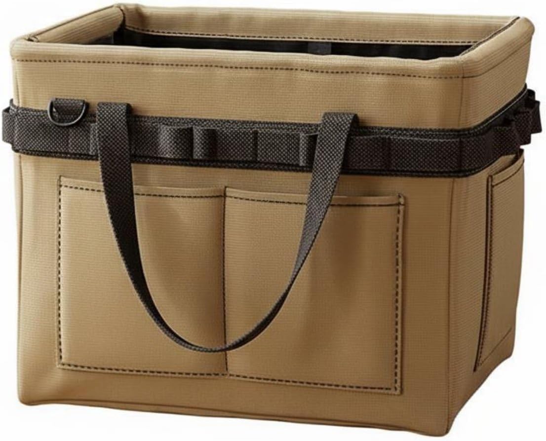 Foldable Storage Pouch Tool Bag Organizer Storage Carrier With Multi Pocket Layout Hanging Straps Solid Steel Frame Thick Oxford Suitable for car trunk organization home repair, Khaki