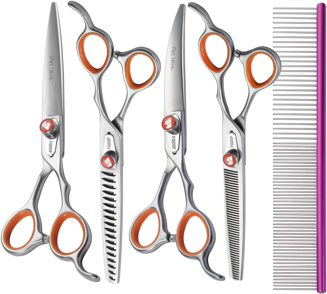 Professional Dog Grooming Scissors Kit Japan 440C Stainless Steel 7 in Curved Thinning Straight Chunker Shears and Comb 5pcs Set for Grooming Dogs Cat Pet