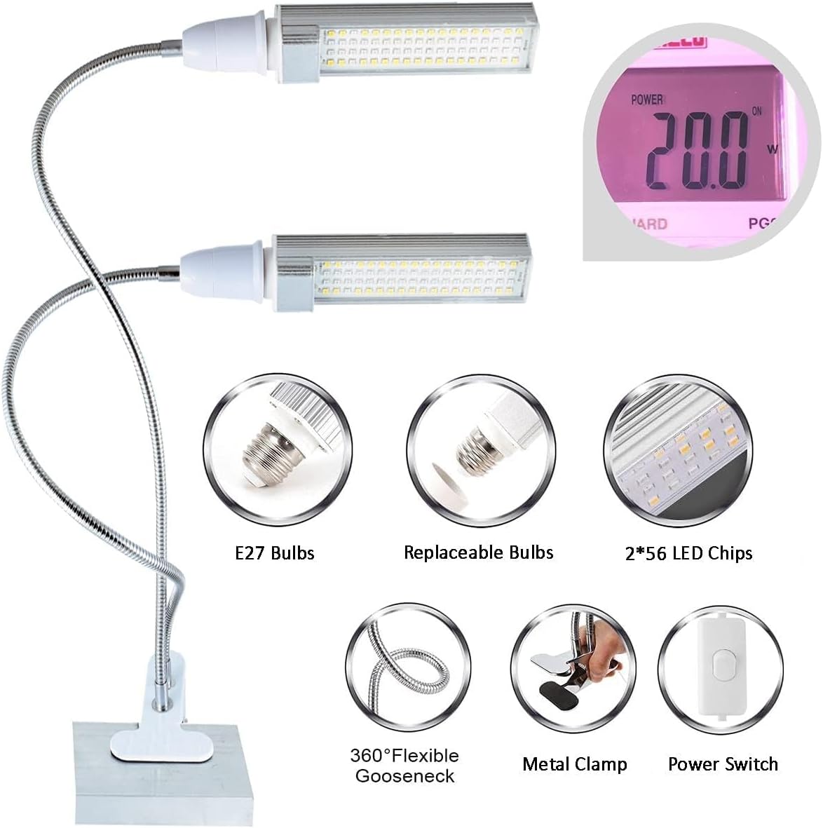 RK_Enterprises LED Grow Bulbs with Gooseneck Lamp Holder 20W (White)