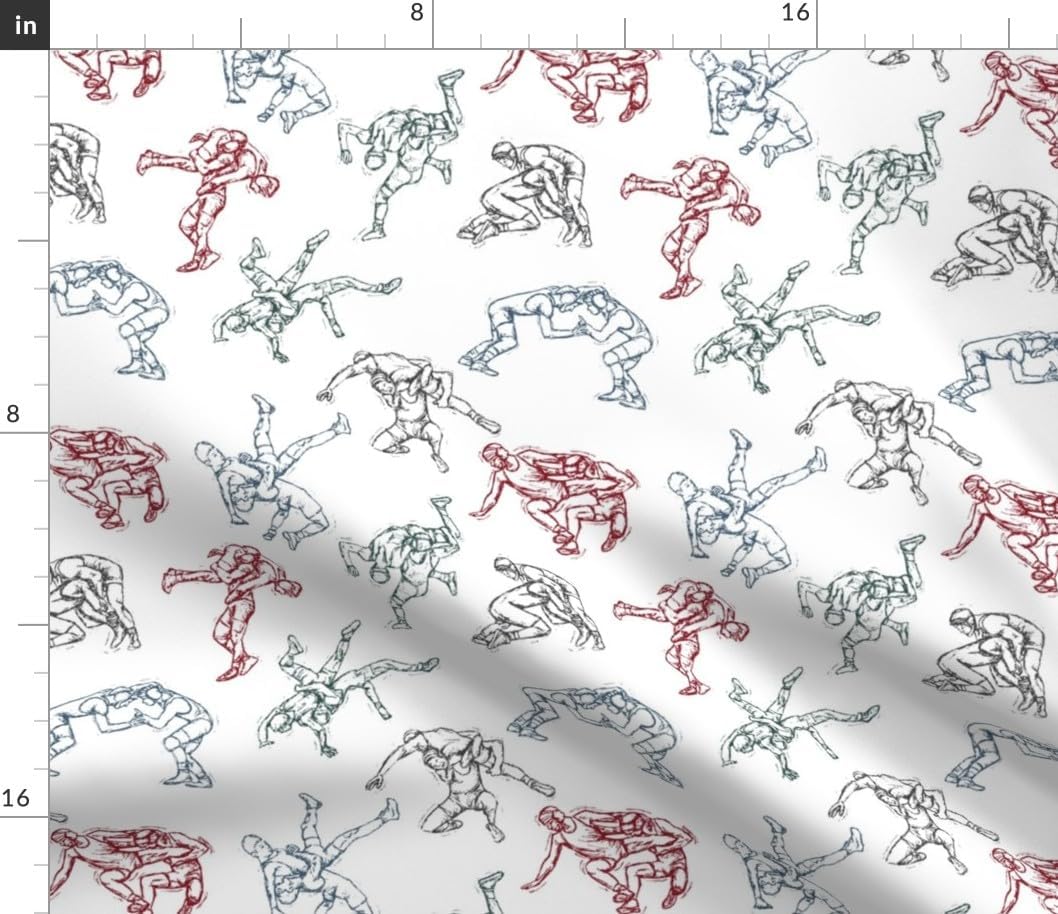 Spoonflower Fabric - Wrestling School Sports Greco-Roman White Red Green Blue Printed on Petal Cotton Fabric Fat Quarter - Sewing Quilting Apparel Crafts Decor