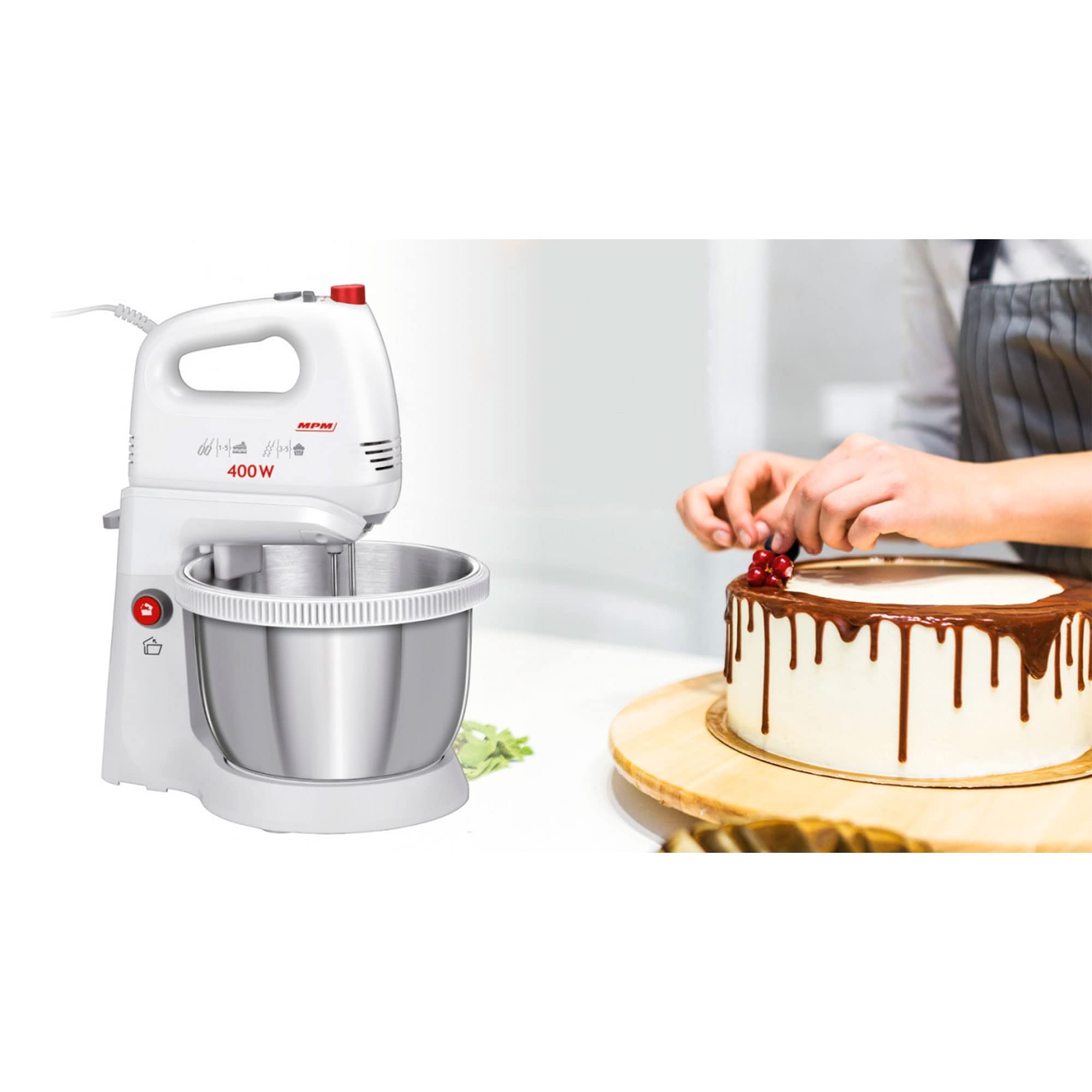 MPM MMR-21Z Mélangeur à Pâtisserie avec Bol Rotative 3,5 L, sans BPA, Robot Pâtissier Boulangerie Cuisine, 5 Vitesses + Turbo, Bol, Tiges et Crochet de Pétrissage en Acier Inoxydable, Blanc, 400W