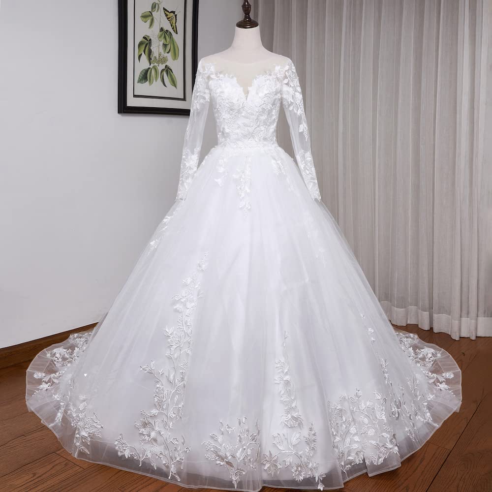 Abito da Sposa principesco Scollo a V Pizzo Manica Lunga Grand Vestito da Sposa Lungo Treno BA-VL-0627