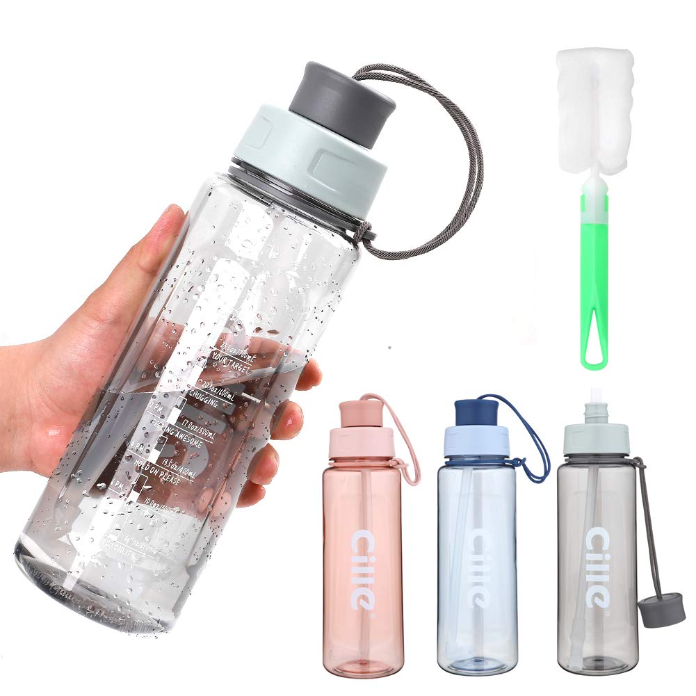 Cille 40oz Tritan Water Bottle with Straw & Time Marker, Motivational Water Bottle with Removable Straw & Cleaning Brush, Reusable & BPA Free Dual-Purpose Water Bottle for Sports & Fitness (Grey)