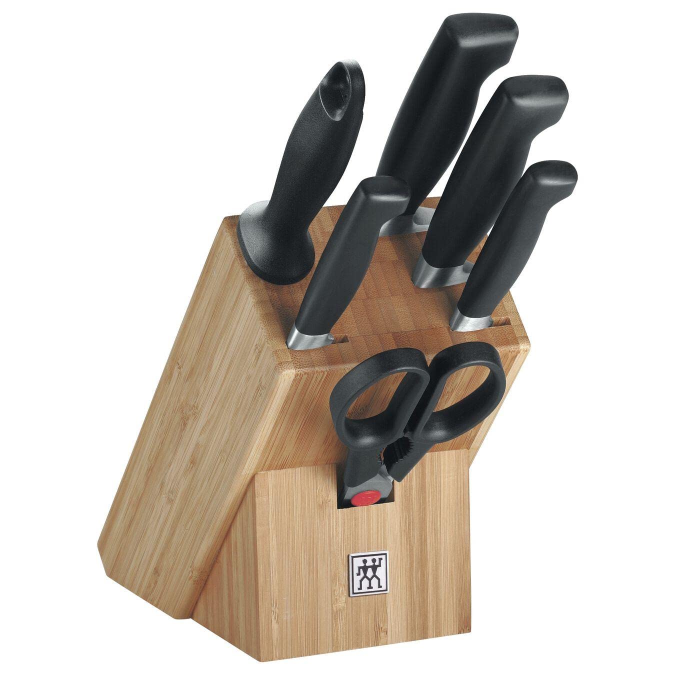 Zwilling Four Star 7pc Knife Block Set. Forged Special Formula High-Carbon stainless steel. Ice-hardened. Ergonomic handle. Set: 4 kitchen knives, 1 honing steel 1 knife block +shears. Made in Germany